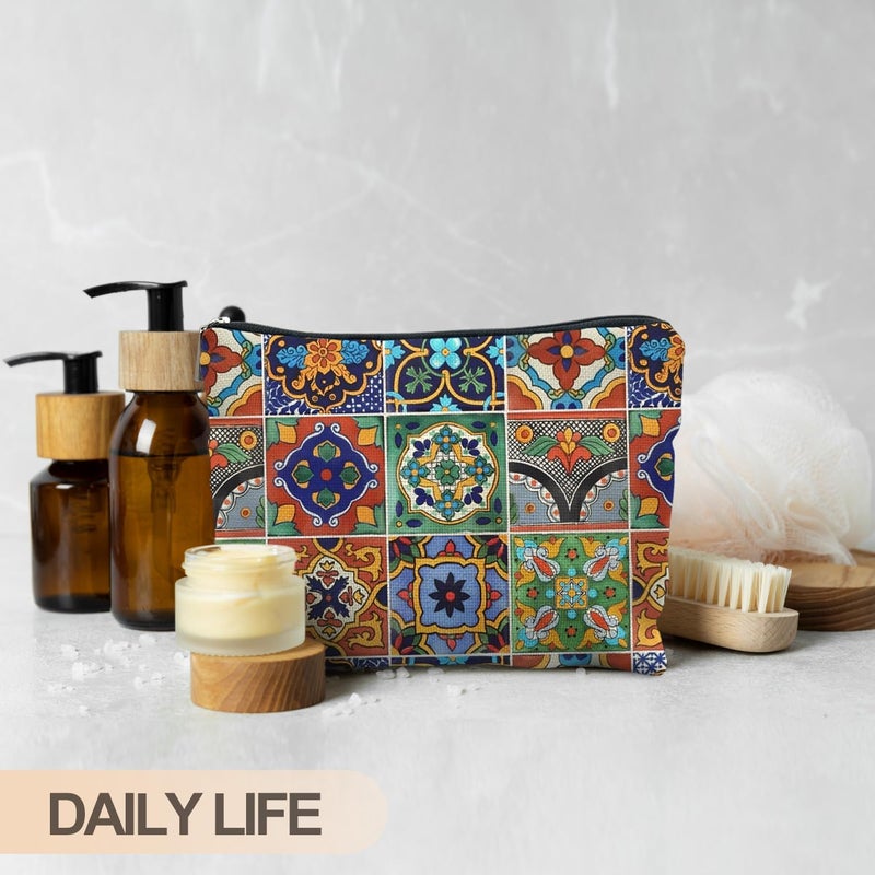RYYCDOI Bohemian Tile Pattern Makeup Bag, Ethnic Moroccan and Mexican Talavera Tile Cosmetic Bag for Women, Vintage Floral Makeup Pouch, Mexican Gifts for Women - Image 4